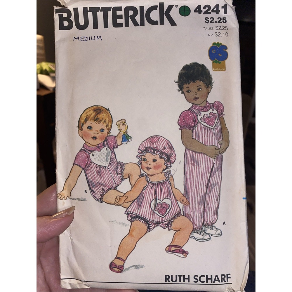 Vintage 1980s Butterick 4241 Sewing Pattern Baby Jumpsuit Jumper Hat Medium Cut